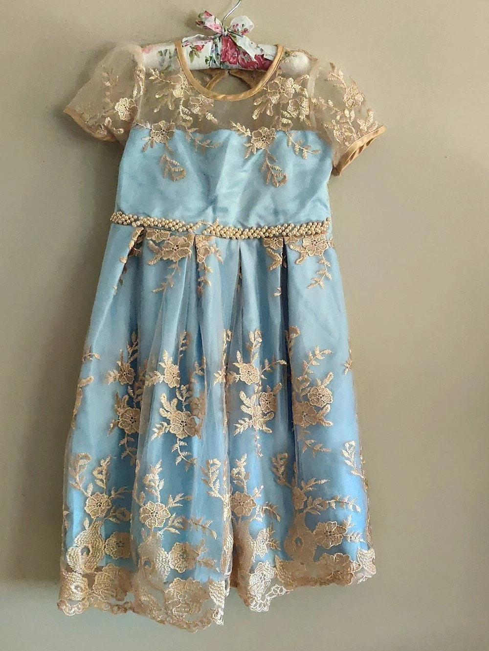 Royal Princess Girls Size 140 - 7/8 Blue Gold Lace Floral Dress